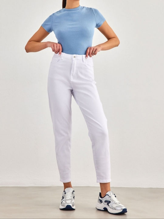 Kalliope High Waist Women's Jean Trousers in Mom Fit White