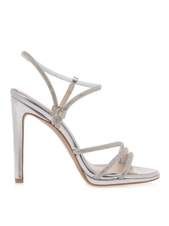 Lara Conte Madrid Synthetic Leather Women's Sandals Silver with High Heel