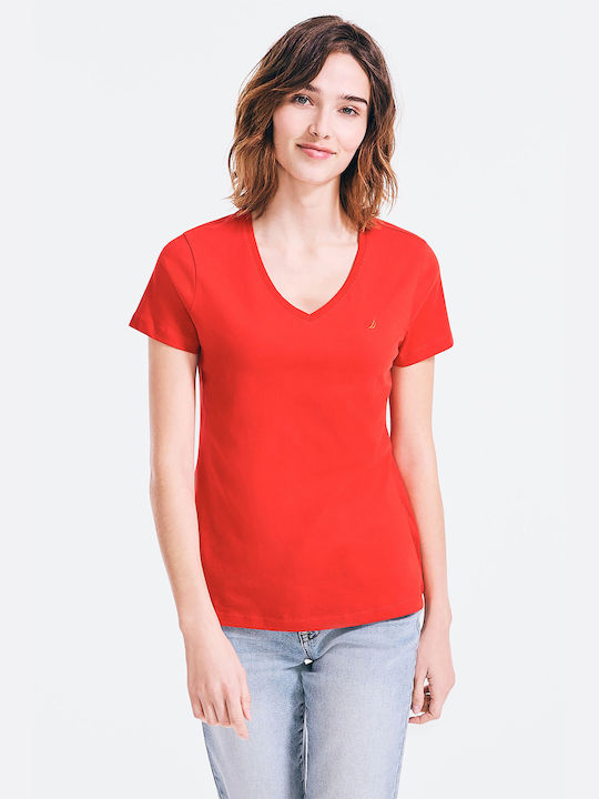 Nautica Damen T-Shirt mit V-Ausschnitt Rot