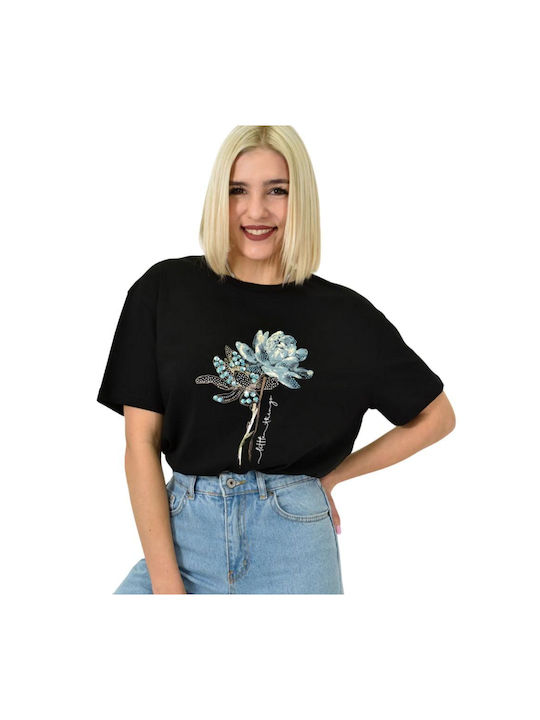 Potre Damen T-Shirt Blumen Schwarz