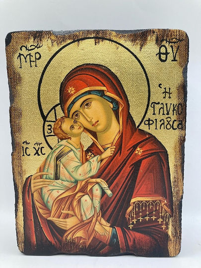 Virgin Mary Sweet-Kissing on Pine Wood with Canvas, Gold Leaf, Aging and Varnish in Dimensions: 15 X 10 cm.