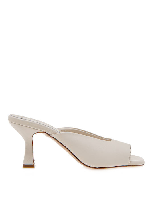 Gisel Moire Paris Heel Leather Mules White