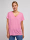 Damen Sommer Bluse Baumwolle Kurzärmelig mit V-Ausschnitt Rosa