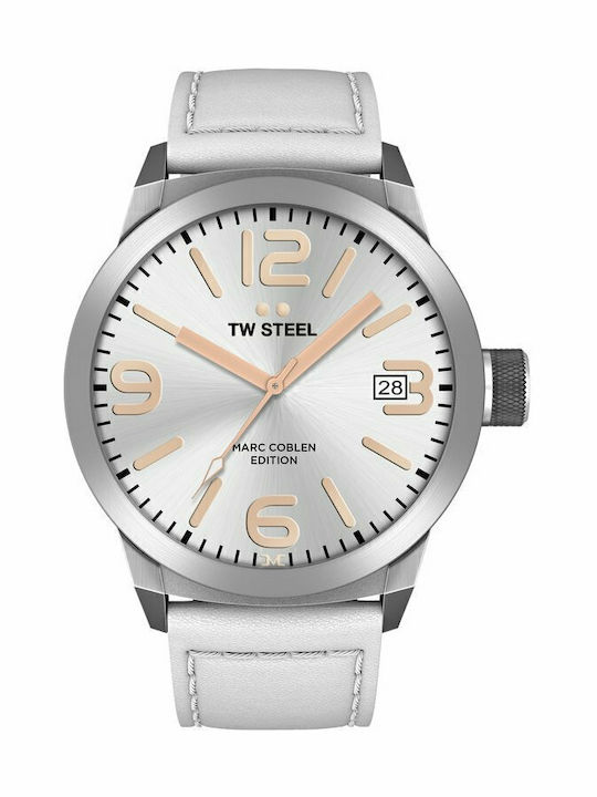 TW Steel Мъжки часовник 50мм на батерия с бяло кожена каишка