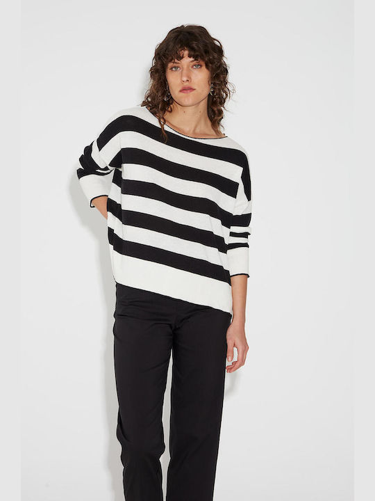 Bill Cost Women's Pullover with 3/4 Sleeve & Smile Neckline Striped Black