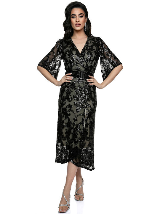 RichgirlBoudoir Midi Evening Dress Wrap with Lace & Sheer Black