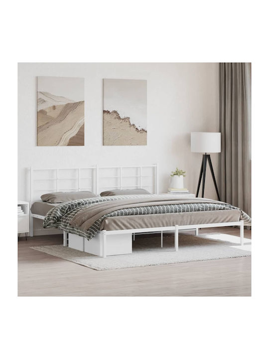 King Size Metal Bed White with Slats for Mattress 193x203cm