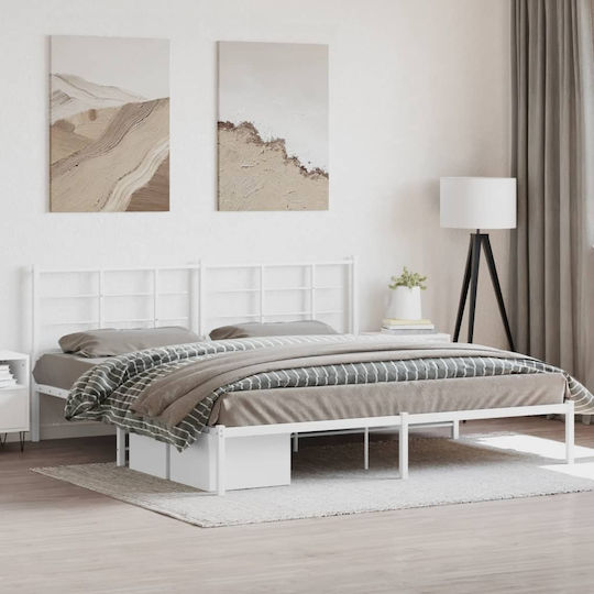 King Size Metal Bed White with Slats for Mattress 193x203cm
