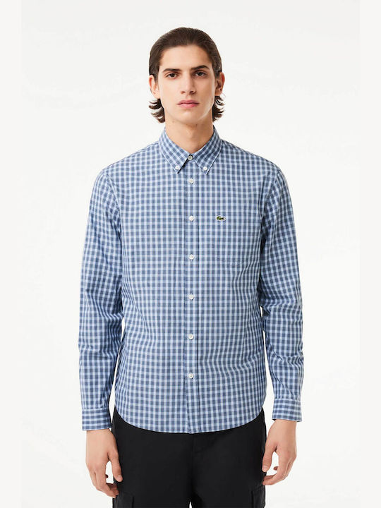 Lacoste Men's Shirt Long Sleeve Cotton Checked White - Blue