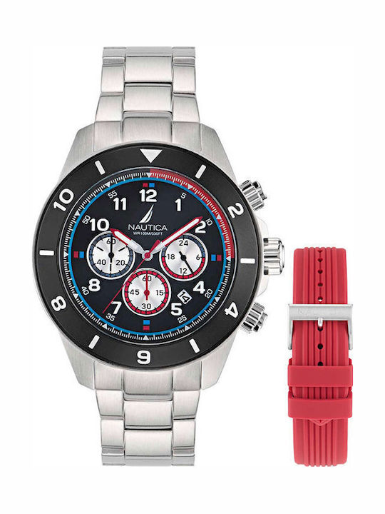 Nautica Ανδρικό Ρολόι 48mm Χρονογράφος Μπαταρίας με Ασημί Μεταλλικό Μπρασελέ
