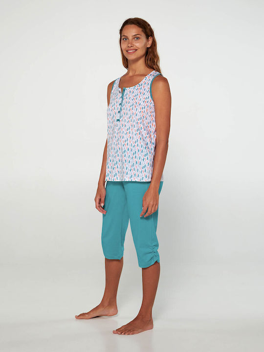 Vamp Sommer Damen Baumwolle Pyjama-Oberteil Petrol Blue