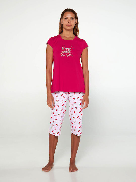 Vamp Sommer Damen Pyjama-Set Baumwolle Pink Blossom