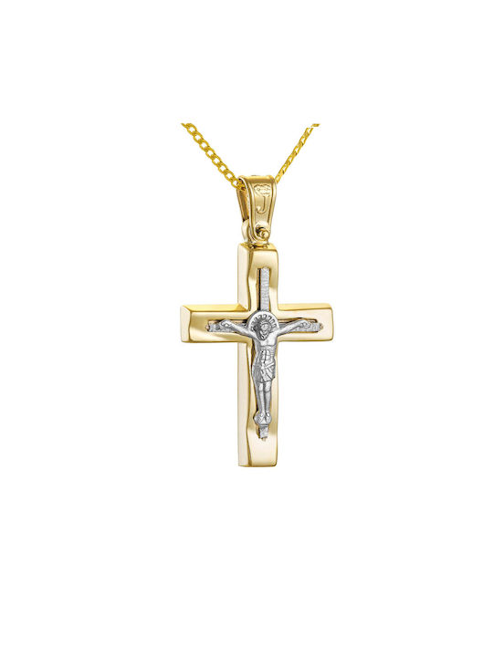 Papoulidis Jewellery Χρυσός Σταυρός 14K Διπλής Όψης με τον Εσταυρωμένο με Αλυσίδα