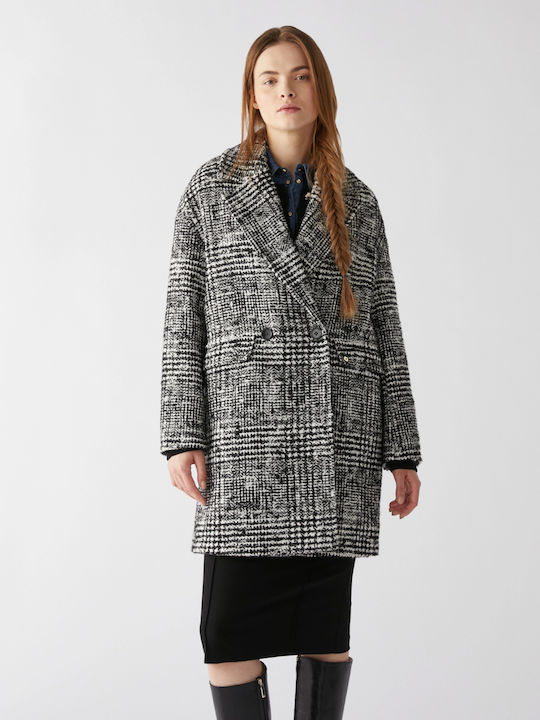 Pennyblack Women's Checked Long Coat with Buttons Black