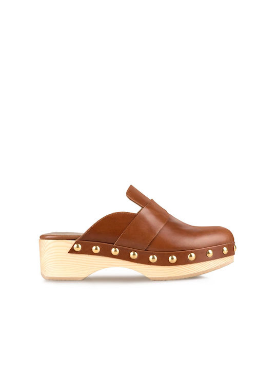 I Love Sandals Leder Mules mit Chunky Niedrig Absatz in Tabac Braun Farbe