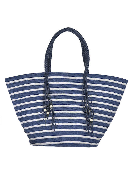 Ble Resort Collection Straw Beach Bag with Wallet Blue with Stripes