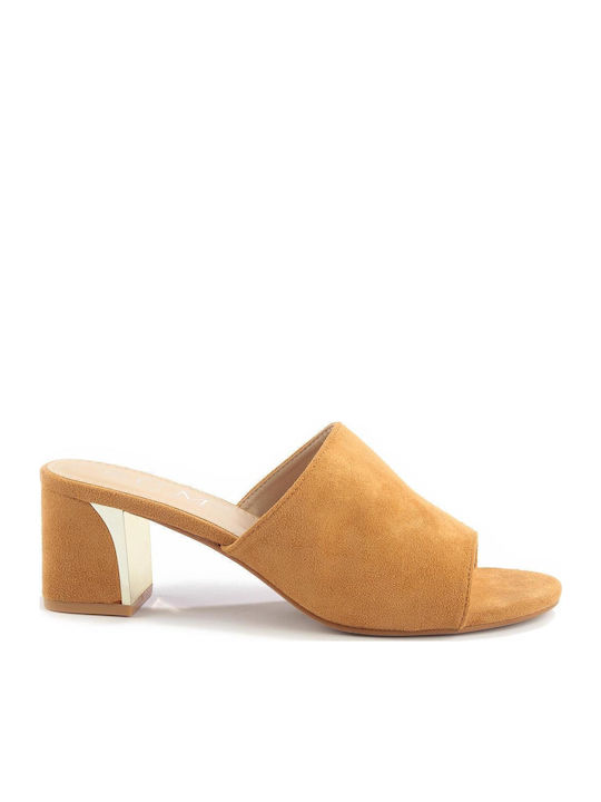 Suede Mules with Chunky Low Heel in Brown Color