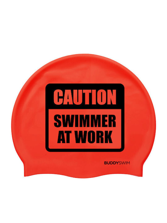 Buddyswim Caution Swimmer At Work Silicone Adults Swimming Cap Red