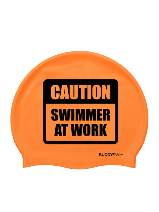 Buddyswim Caution Swimmer At Work Σκουφάκι Κολύμβησης Ενηλίκων από Σιλικόνη Πορτοκαλί