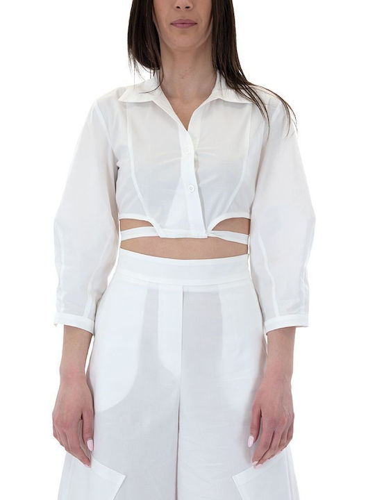 Moutaki Damen Sommerliches Crop Top Baumwolle Langärmelig mit Reißverschluss White