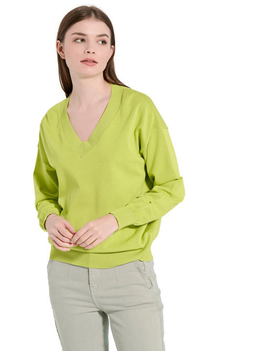 Matis Fashion Women's Long Sleeve Sweater with V Neckline Green