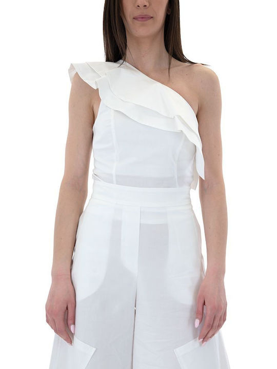Moutaki Damen Sommerliches Crop Top Baumwolle mit einem Schulter & Reißverschluss Weiß