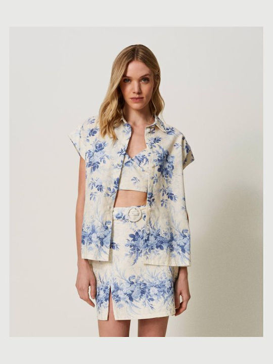 Mâneca scurta Femei In Cămașă Alb Floral