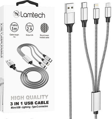 Lamtech Braided USB to micro USB / Lightning / Type-C Cable 2A Γκρι 3m