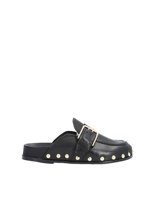 Alpe Flat Leather Mules Black