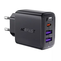 Acefast Charger Without Cable with 2 USB-A Ports and USB-C Port 35W Power Delivery / Quick Charge 2.0 / Quick Charge 3.0 / Quick Charge 4+ Blacks (A57)