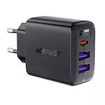Acefast Încărcător Fără Cablu GaN cu 2 Porturi USB-A și Port USB-C 35W Livrarea energiei / Încărcare rapidă 2.0 / Încărcare rapidă 3.0 / Încărcare rapidă 4+ Negruς (A57)