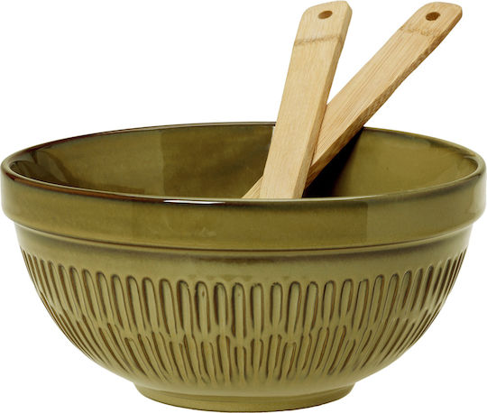 Stoneware salad bowl with set of Bamboo spoons 23x13cm Cottage Light Cryspo Trio 37.075.90 (material: Bamboo) - Cryspo Trio - 37.075.90