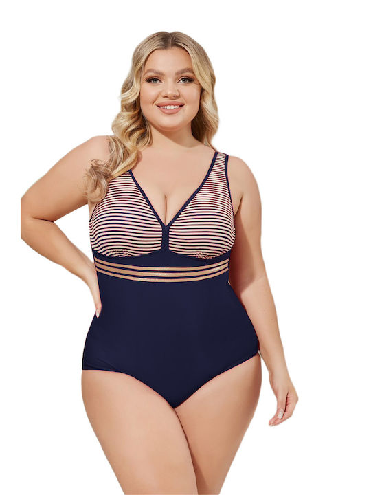 One-piece Blue Swimsuit With Striped Design On Bust