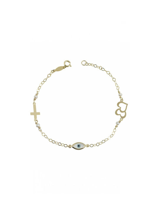 14 Carat gold bracelet with eye, cross and heart