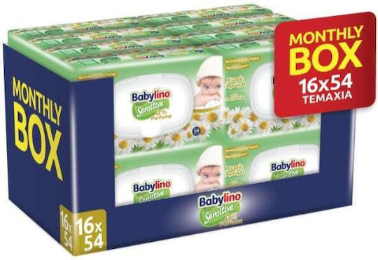 Babylino Sensitive Chamomile 0% Perfume Monthly Box Μωρομάντηλα Με Καπάκι, 16x54τεμ (864τεμ)