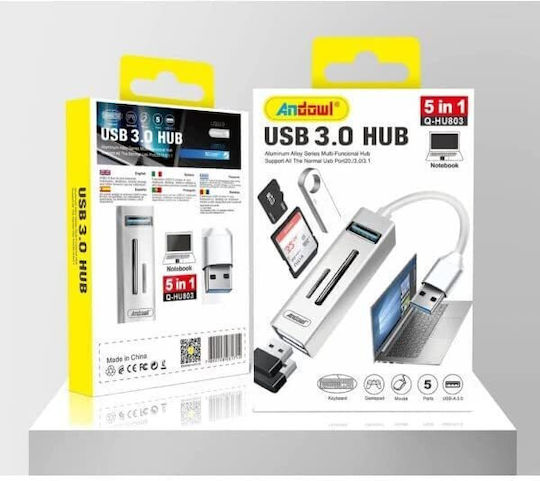 Andowl Hub USB 3 Porturi USB 3.0 cu Conectare USB-A Argintiu