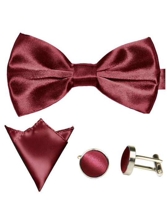 Silk Handmade Bow Tie Set with Pochette and Cufflinks Burgundy Keshop Μαρον