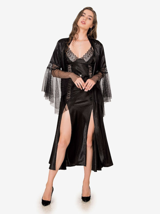 Set Robe Nightgown Satin Black Butterfly - 1-mg246