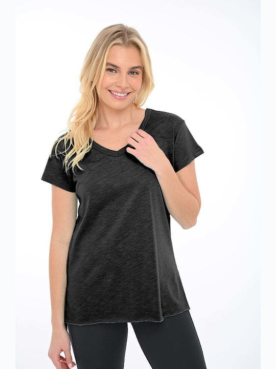 Bodymove Women's Summer Blouse Cotton Short Sleeve with V Neck Black