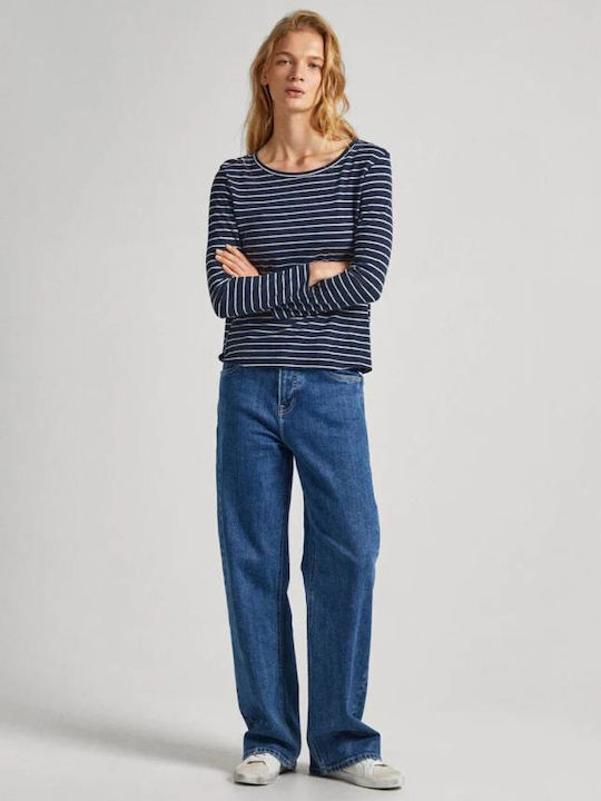 Pepe Jeans Γυναικεία Μπλούζα Μακρυμάνικη Ριγέ Γαλάζια