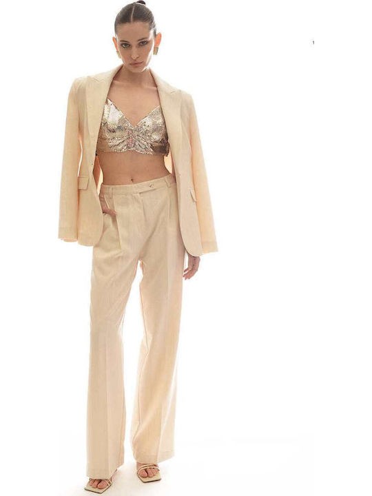 Γυναικείο Ψηλόμεσο Λινό Παντελόνι Μπεζ/χρυσό