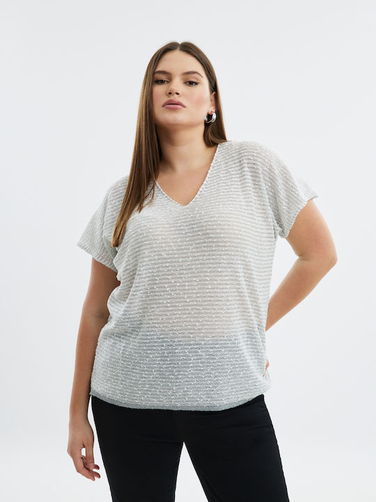 Mat Fashion Women's Sweater with V Neckline White