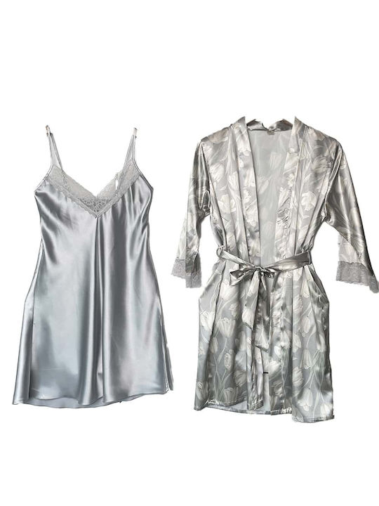 Damen Satin-Pyjama-Nachthemd und Pyjama-Set mit Blumenmuster, Slim Fit, Grau