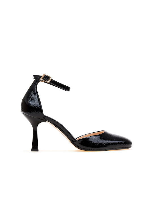 Beatris Patent Leather Black Heels with Strap