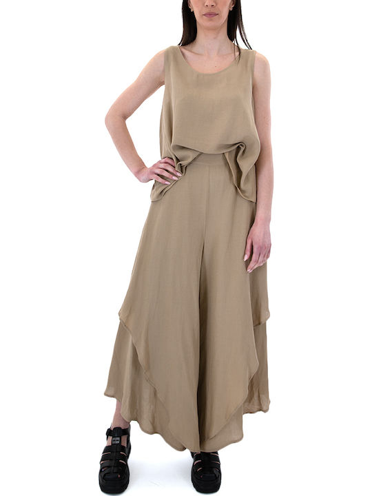 Women's High-waisted Fabric Trousers in Wide Line Beige