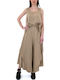 Women's High-waisted Fabric Trousers in Wide Line Beige