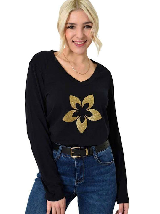 Potre Women's Blouse Cotton Long Sleeve with V Neck Black