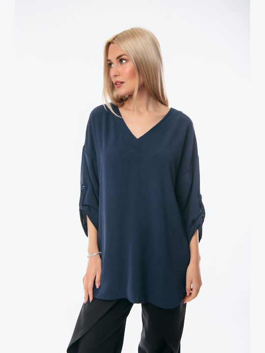 Boutique Damen Bluse mit 3/4 Ärmel & V-Ausschnitt Blue