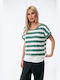 Boutique Women's Summer Blouse Short Sleeve Striped Green