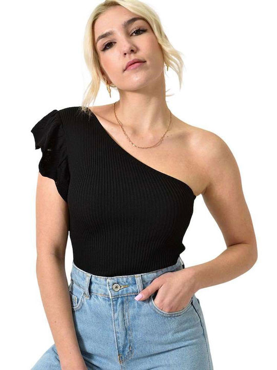 Potre Damen Sommerliche Bluse mit einem Schulter Black